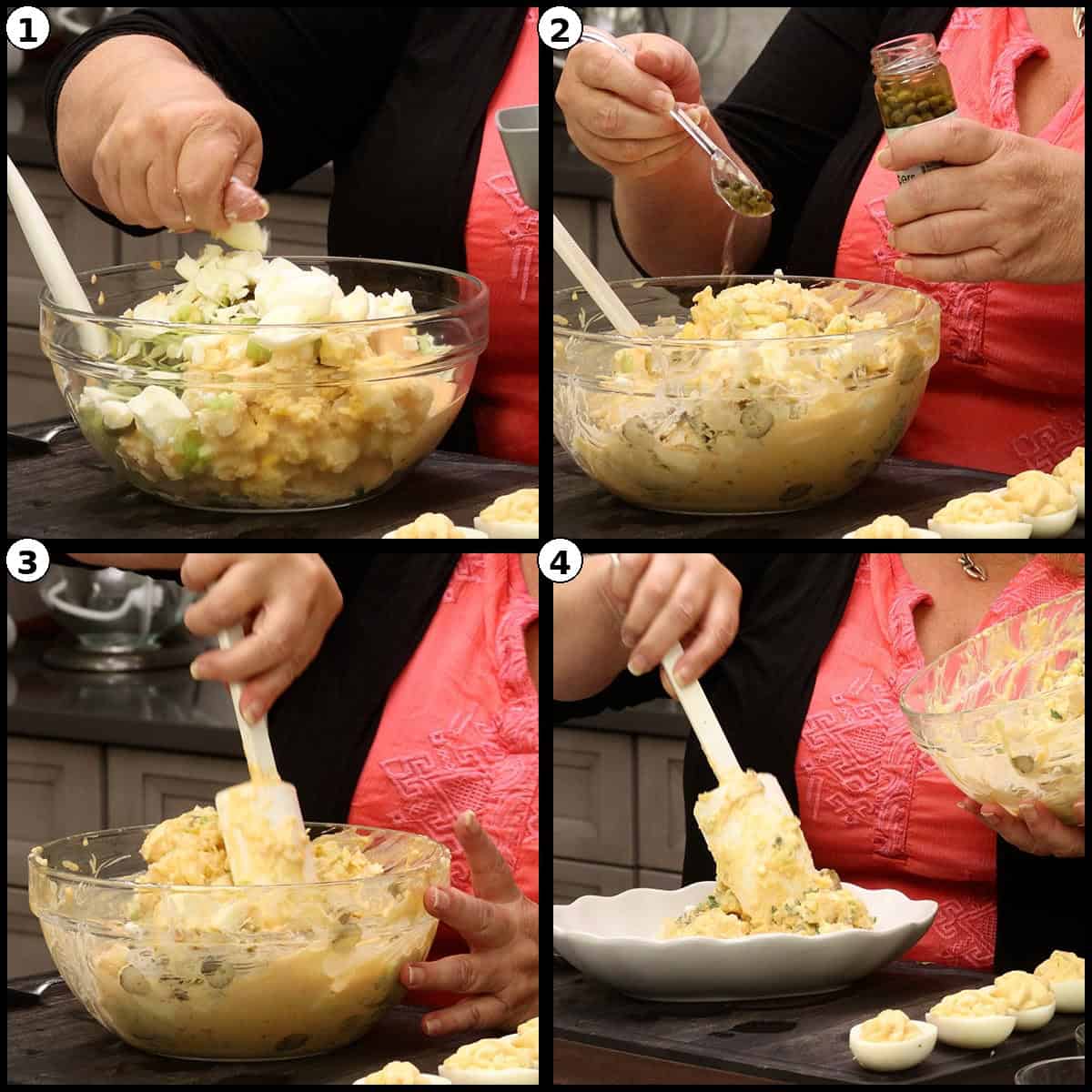 Numbered four panel step by step graphic showing egg whites, capers and seasonings stirred into the Deviled Egg Potato Salad, then the salad folded together and spooned onto a serving platter.
