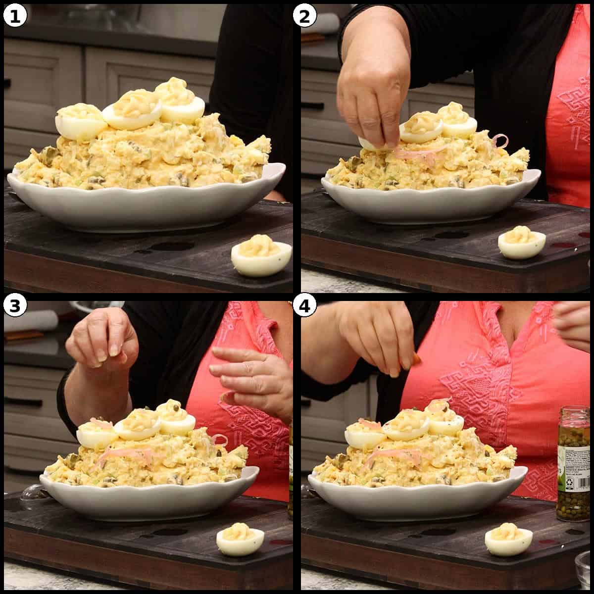 Numbered four panel step by step graphic showing the finished Deviled Egg Potato Salad on a white platter being garnished with deviled eggs, pickled red onions and capers.