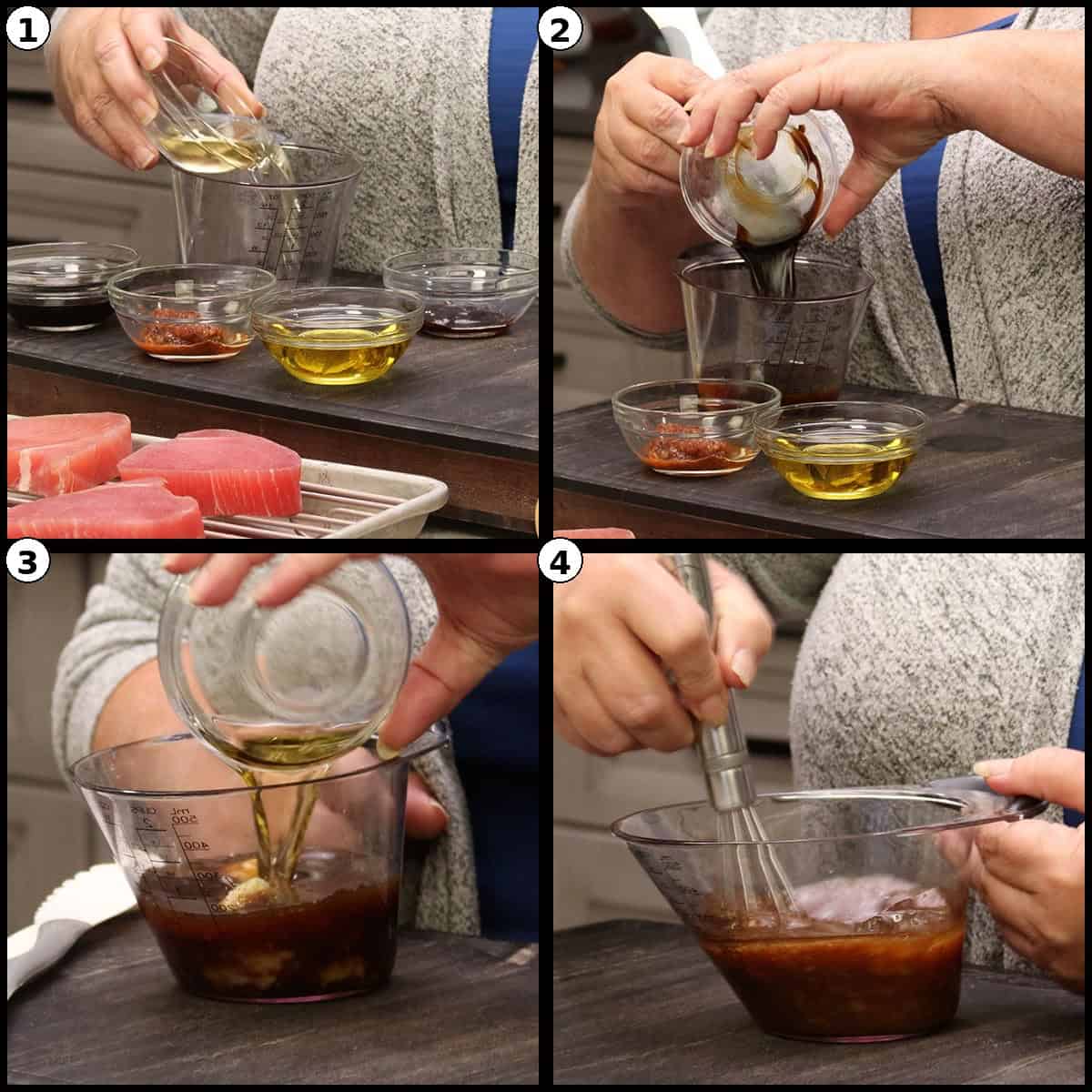 Four step photos showing how to make the marinade for Air Fryer Tuna Steaks, measuring and combining oil, soy sauce, and seasonings in small bowls and a measuring cup, then whisking together.