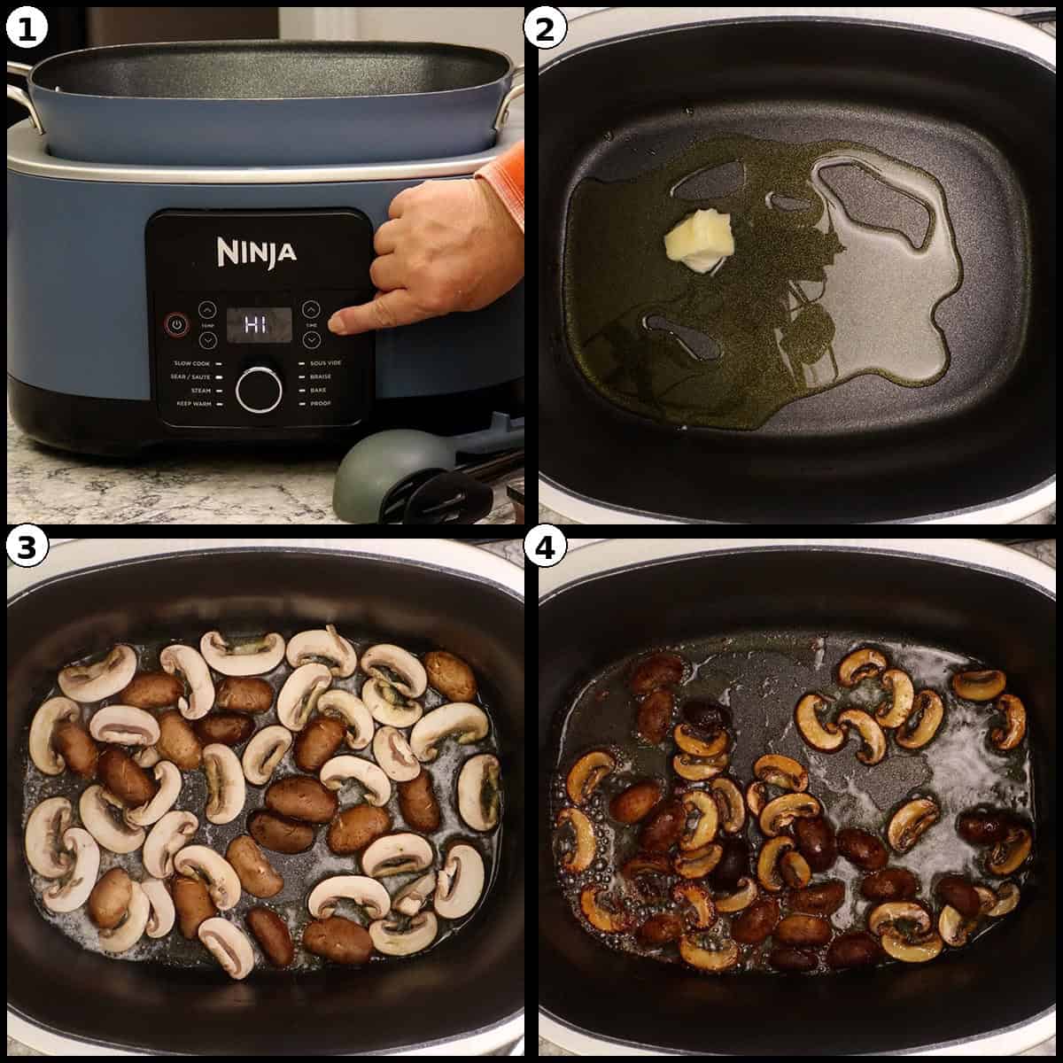 Step by step graphic showing the Ninja slow cooker set to sear saute, butter and oil melting in the pot, sliced mushrooms added, and the mushrooms browned and caramelized.