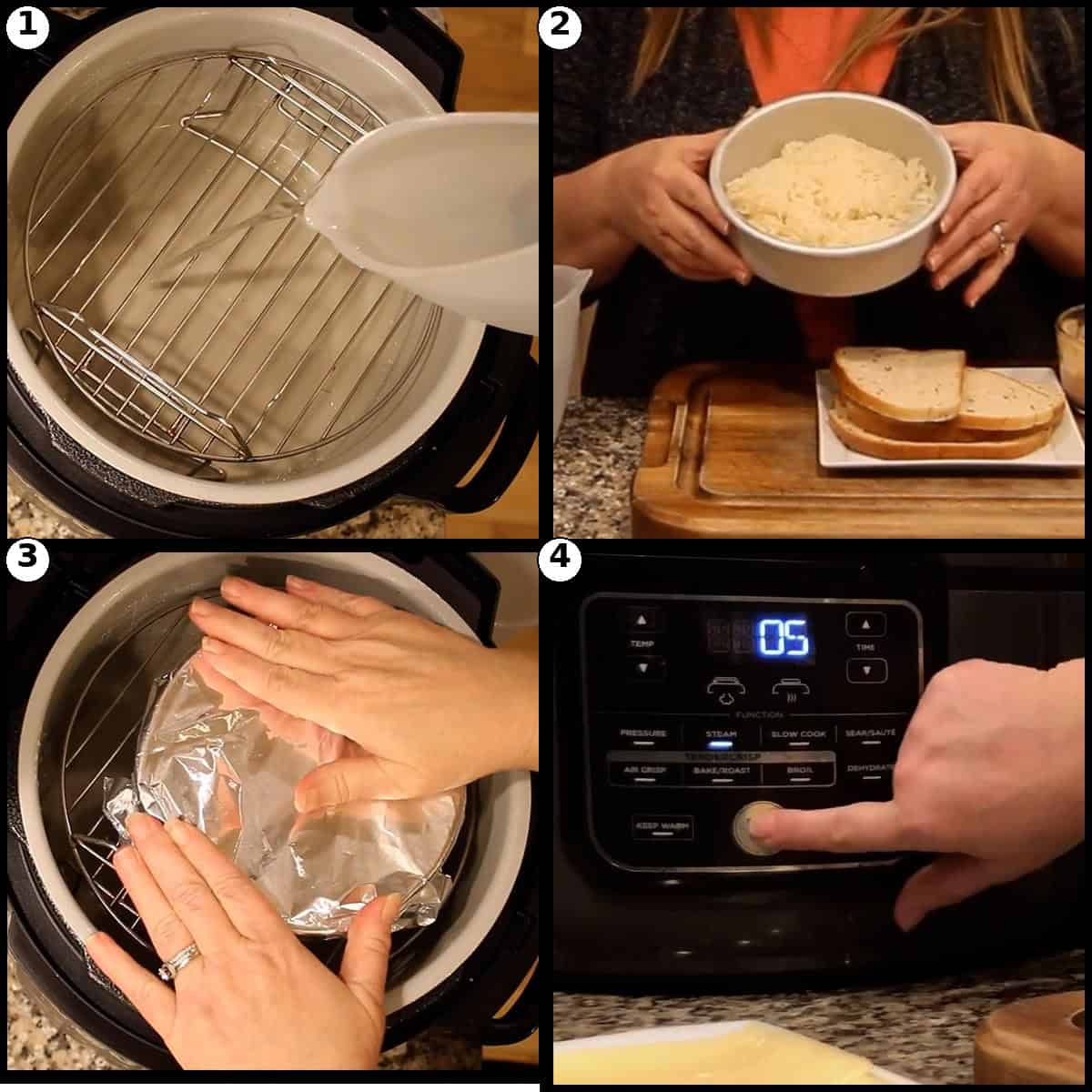 Four panel numbered step graphic showing how to steam the sauerkraut for a Reuben sandwich in the Ninja Foodi: adding water to the pot, the Swiss cheese and rye bread set out, wrapping the sauerkraut in foil on the rack, and selecting the Steam function.