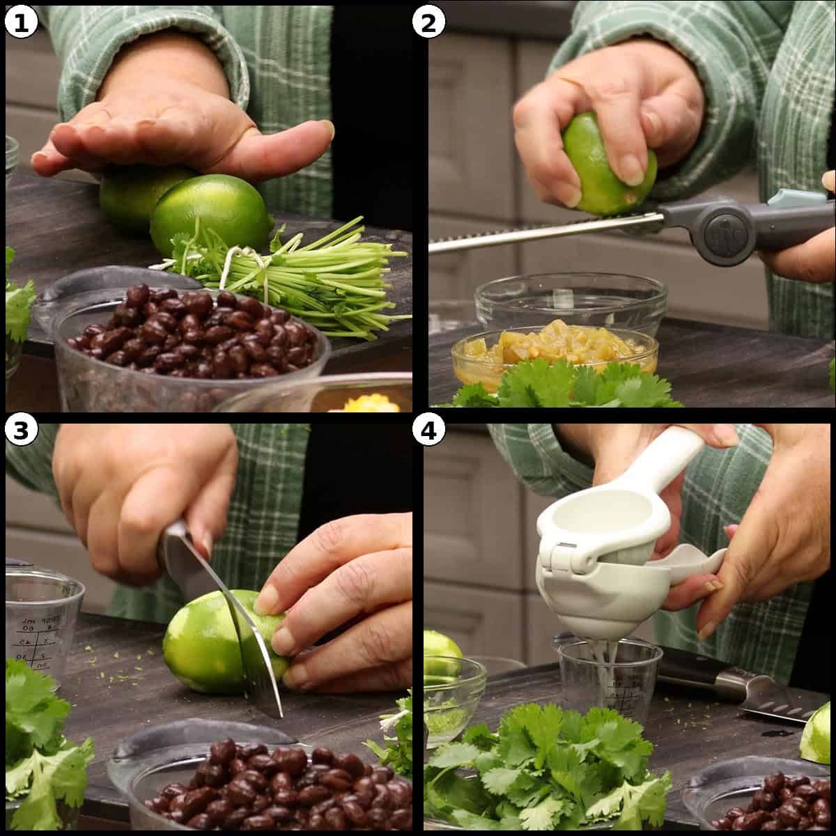 Four step graphic for One-Pot Burritos showing a lime being zested and juiced over small bowls, with cilantro and a bowl of black beans on the counter.