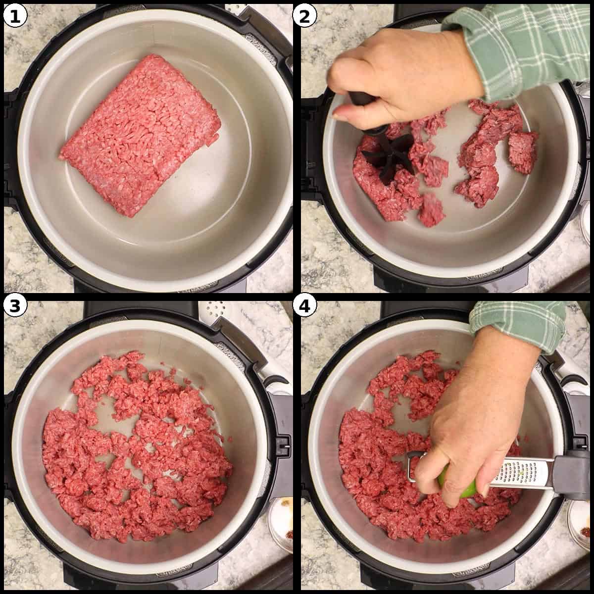 Four step graphic for One-Pot Burritos showing ground beef being broken up and spread into the Ninja Foodi inner pot.
