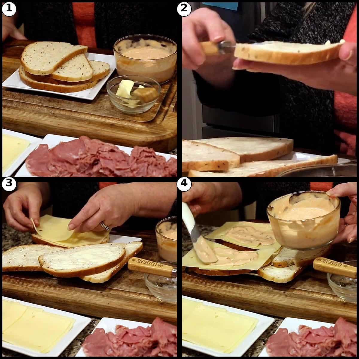 Four panel numbered step graphic for building a Reuben sandwich: the rye bread, butter, Thousand Island, and shaved corned beef laid out, buttering a slice of bread, layering on Swiss cheese, and spreading Thousand Island dressing.