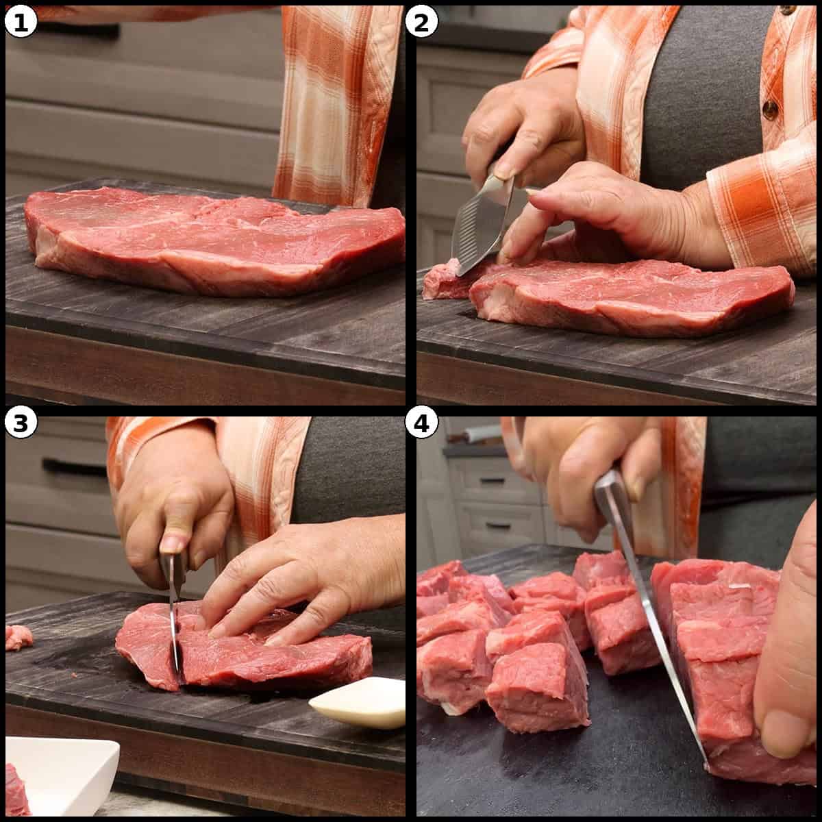 Step by step graphic showing a whole beef roast on a cutting board, trimming the beef with a knife, slicing it into thick strips, and cutting the strips into cubes for beef tips.
