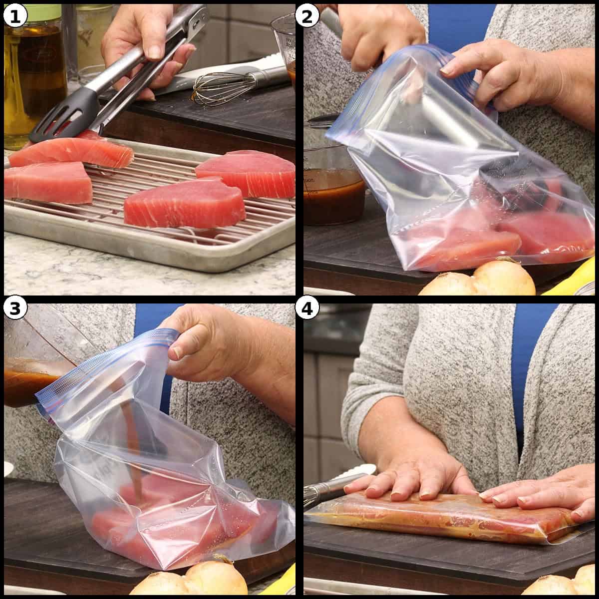 Four step photos showing Air Fryer Tuna Steaks being combined with the marinade in a zip top bag to soak.
