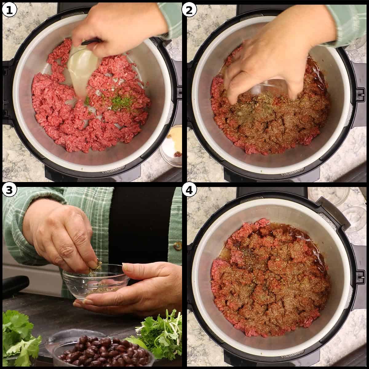 Four step graphic for One-Pot Burritos showing broth and seasoning being added to the ground beef and stirred in the pot.