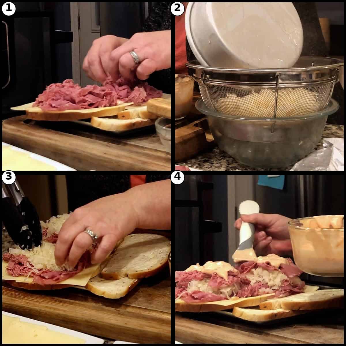 Four panel numbered step graphic showing adding shaved corned beef to the sandwiches, draining the steamed sauerkraut in a colander, layering the sauerkraut over the cheese, and adding more Thousand Island dressing.