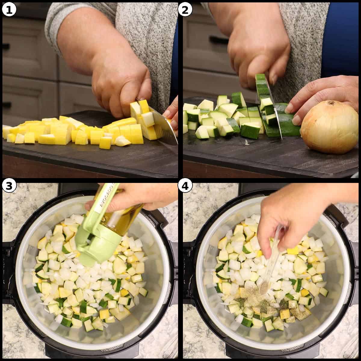 Four step photos showing fresh zucchini, yellow squash, tomato, and onion being cut for the squash salad.