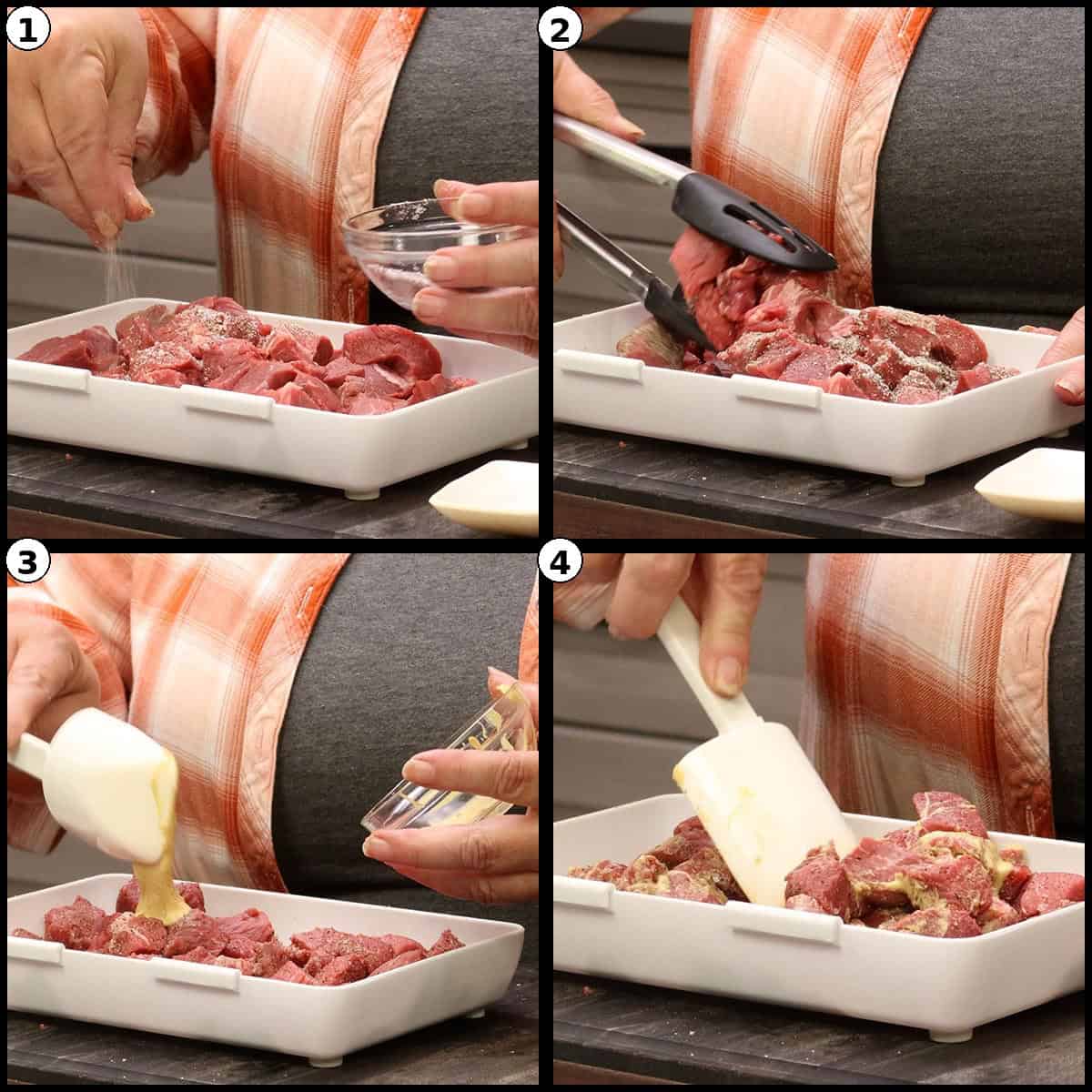 Step by step graphic showing beef cubes being seasoned in a white tray, tossed with tongs, coated with mustard, and stirred so every piece is covered.