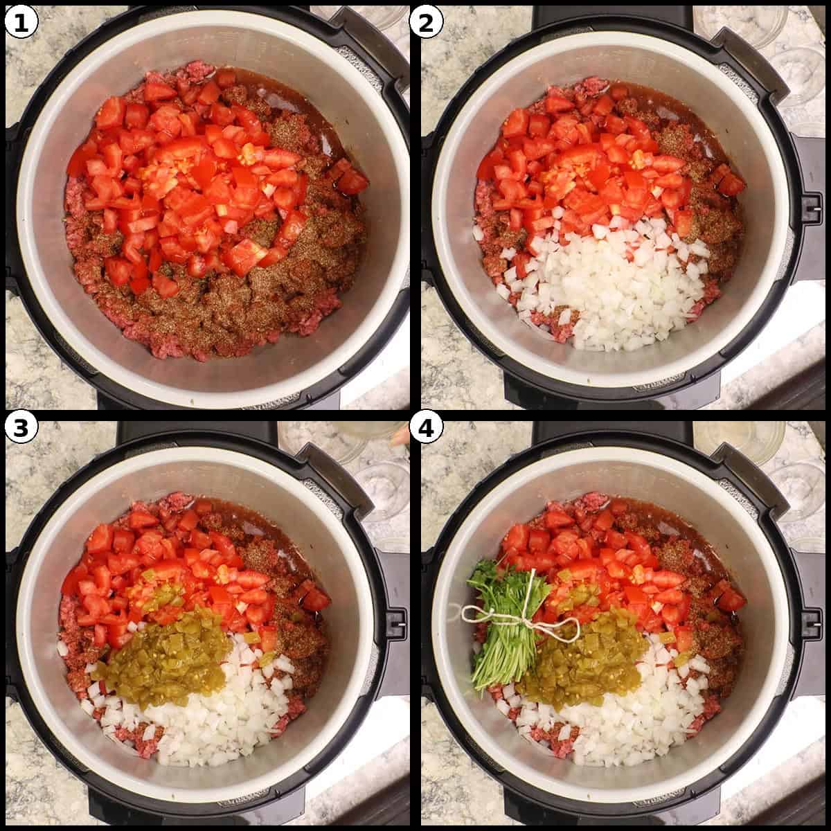 Four step graphic for One-Pot Burritos showing chopped tomatoes, onions, and green chiles added to the seasoned beef along with a bundle of cilantro.