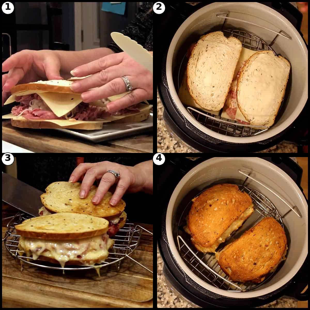 Four panel numbered step graphic showing the final Reuben sandwich steps: topping with the second slice of rye, placing the sandwiches on the rack in the Ninja Foodi, flipping them, and the finished golden brown air crisped sandwiches.