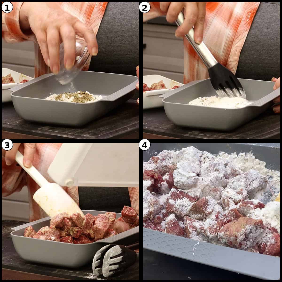 Step by step graphic showing seasonings added to flour in a gray dish, the flour mixture stirred, mustard coated beef added, and the beef cubes fully coated in seasoned flour.