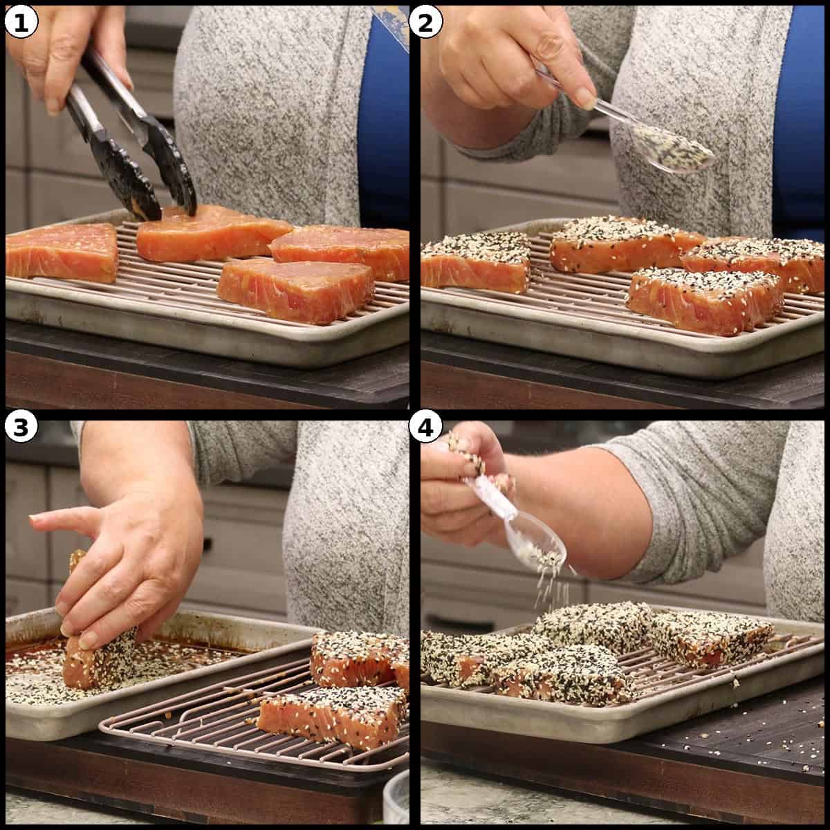 Four step photos showing tuna steaks being pressed and coated in sesame seeds on a tray.