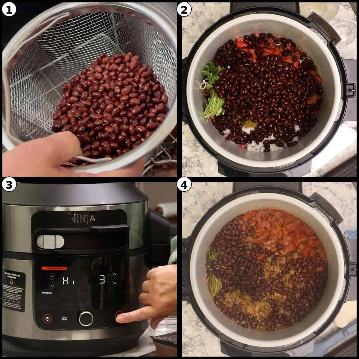Four step graphic for One-Pot Burritos showing black beans added to the filling and the Ninja Foodi set to pressure cook on high.