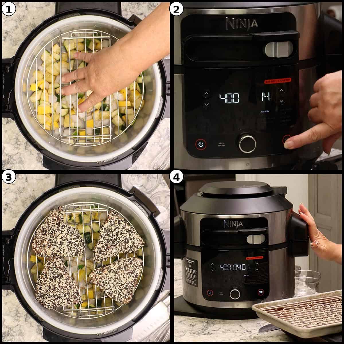Four step photos showing seasoned vegetables and sesame crusted tuna arranged in the air fryer to cook.