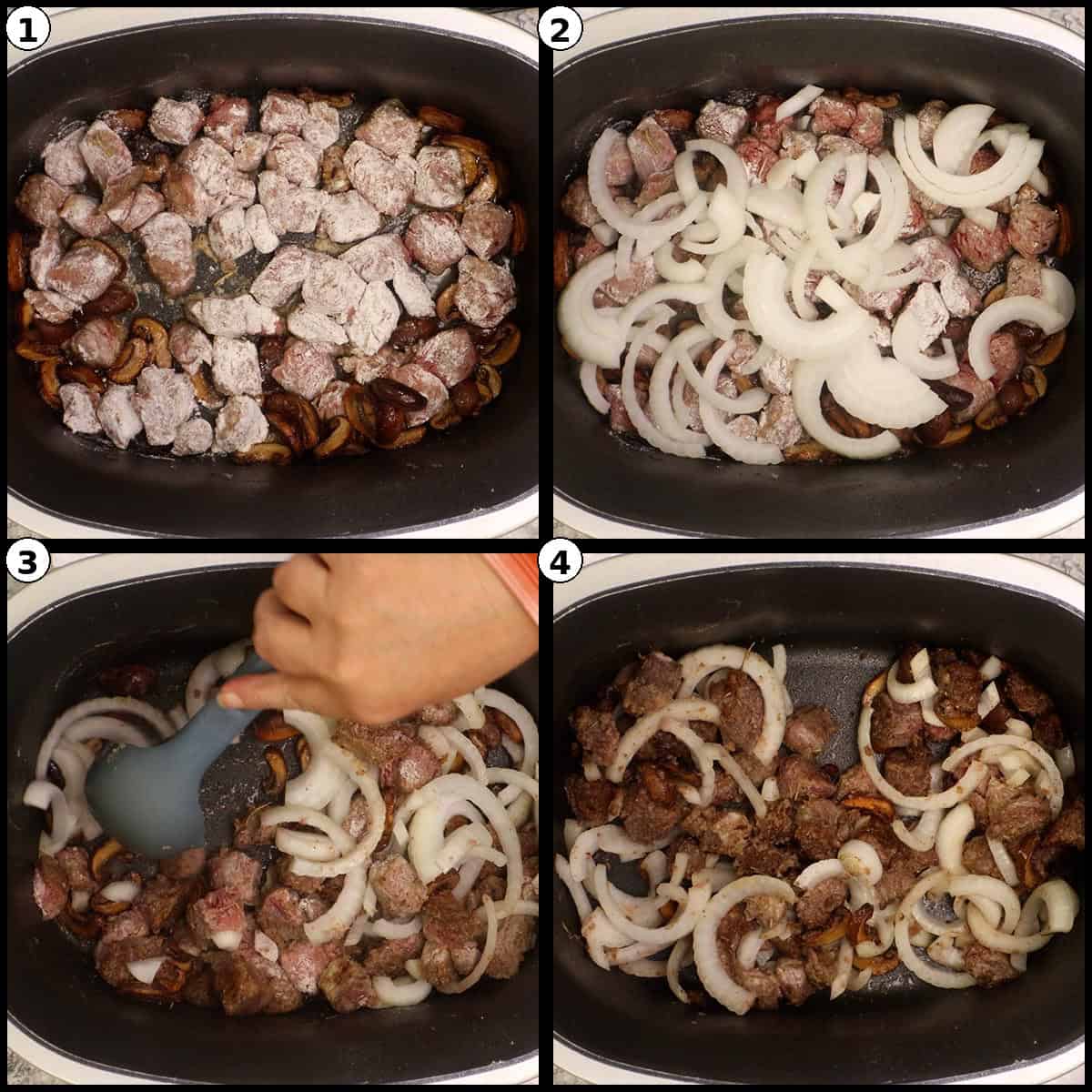 Step by step graphic showing floured beef cubes over the sauteed mushrooms in the slow cooker pot, sliced onions added on top, everything stirred together, and the beef and onions browned.