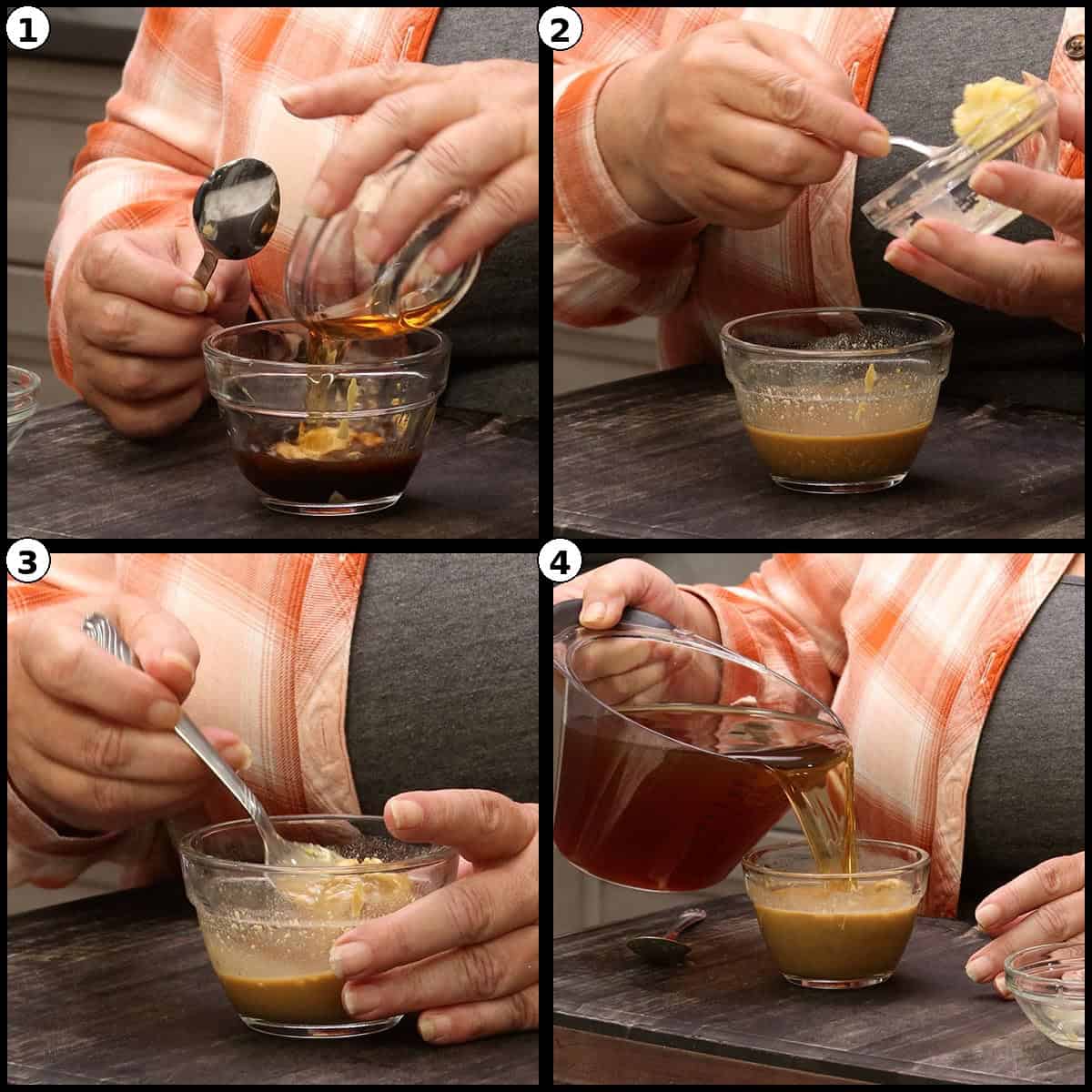 Step by step graphic showing the braising liquid being mixed in a glass bowl, with Worcestershire sauce, minced garlic, the mixture stirred with a spoon, and beef stock poured in.