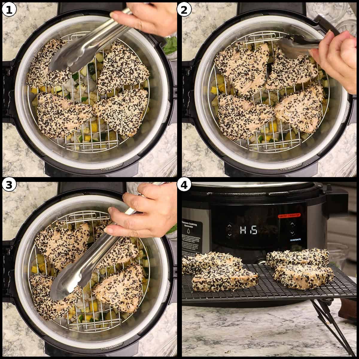Four step photos showing the sesame crusted tuna steaks being flipped and finished cooking in the air fryer.