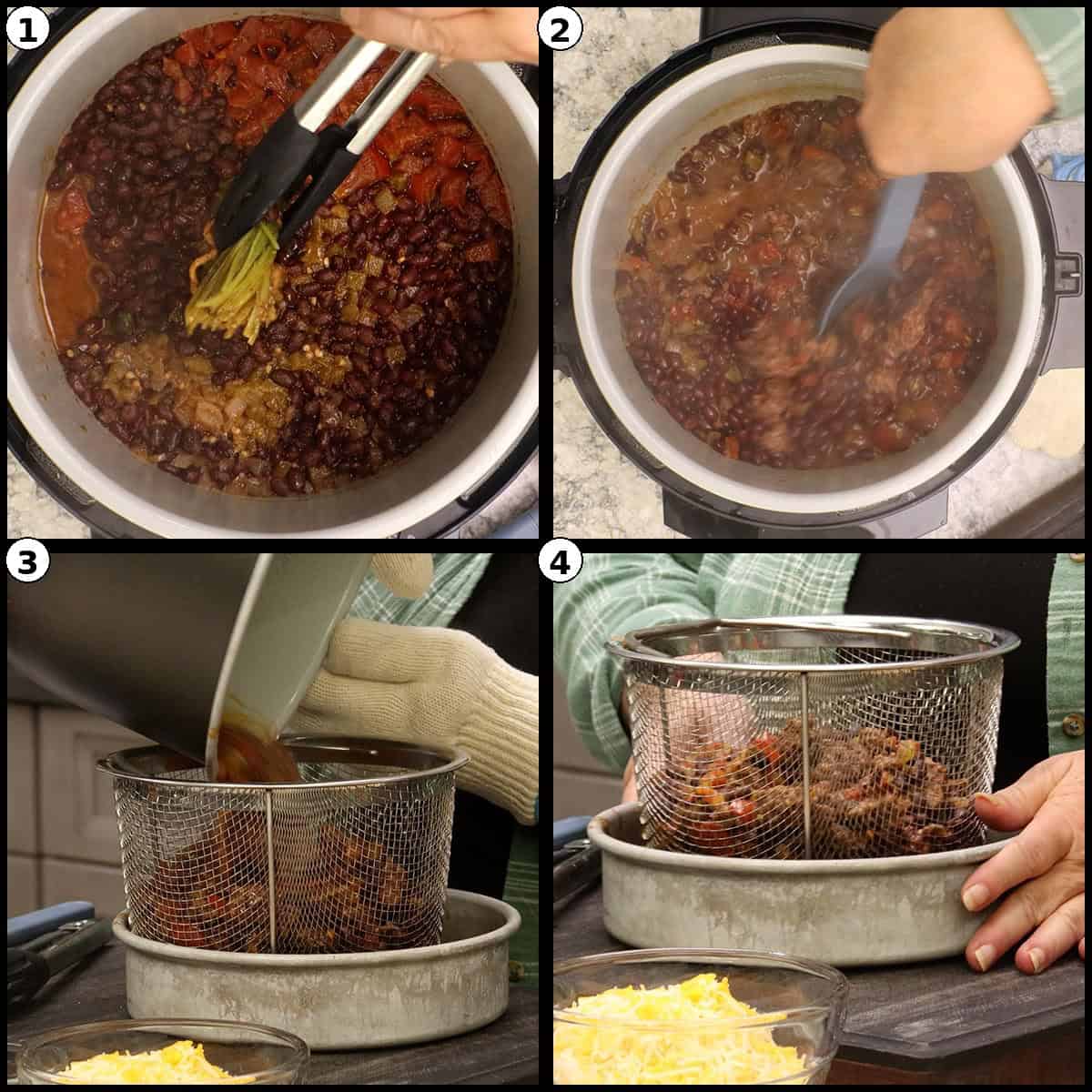 Four step graphic for One-Pot Burritos showing the cooked filling stirred, then strained in a basket to drain the liquid, with shredded cheese nearby.