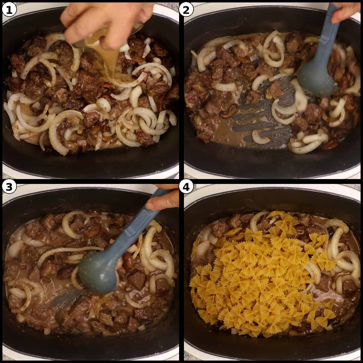 Step by step graphic showing the braising liquid poured over the beef and onions, the bottom of the pot deglazed with a spatula, the mixture stirred, and dry bowtie pasta added to the slow cooker.