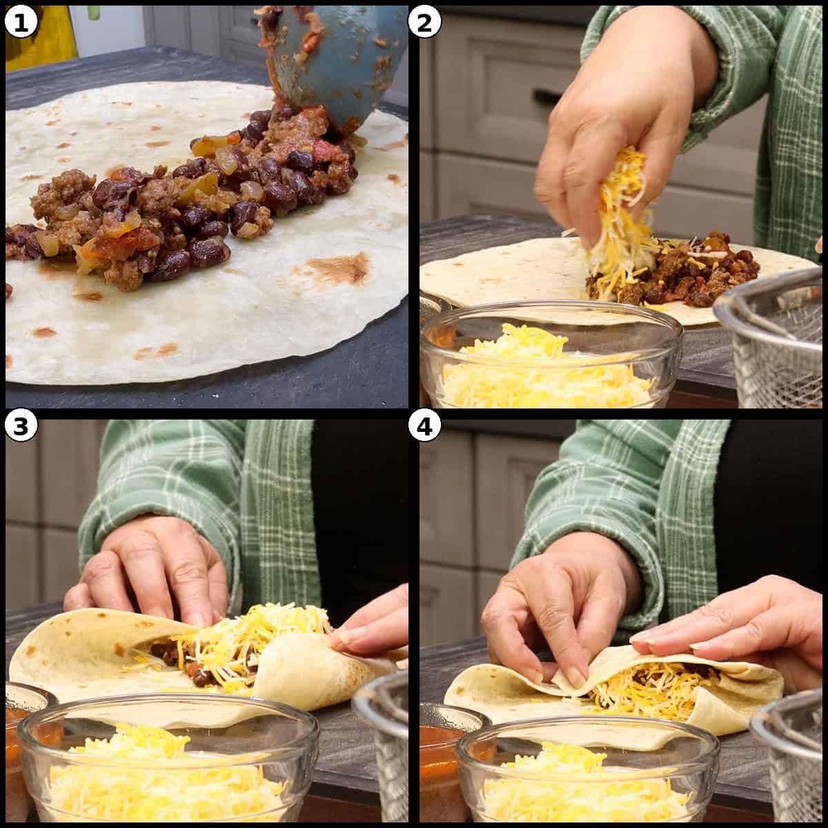 Four step graphic for One-Pot Burritos showing the beef and bean filling spooned onto a flour tortilla, topped with shredded cheese, and the first folds of the burrito.