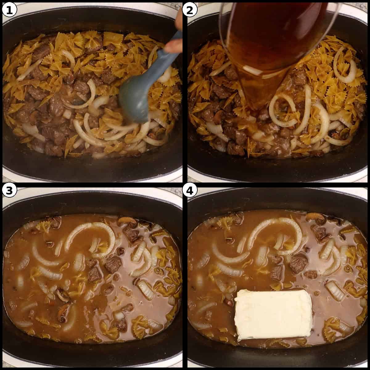 Step by step graphic showing the pasta stirred into the beef mixture, more beef stock poured into the slow cooker, the contents submerged in liquid, and a block of cream cheese placed on top.