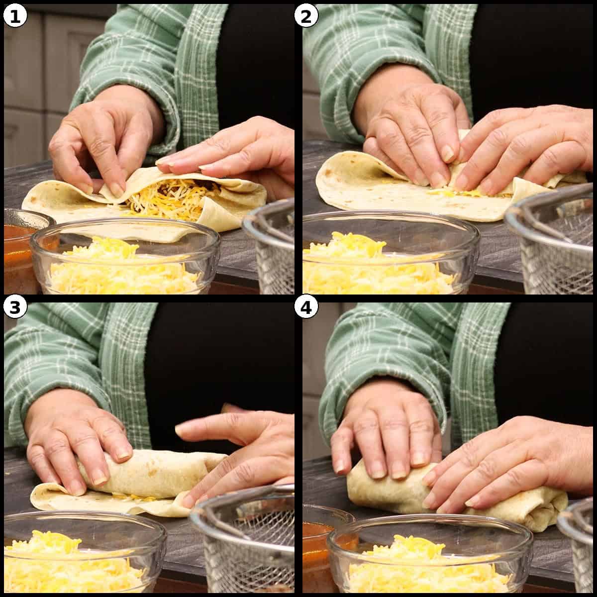 Four step graphic for One-Pot Burritos showing a flour tortilla folded over the filling and rolled into a tight burrito.
