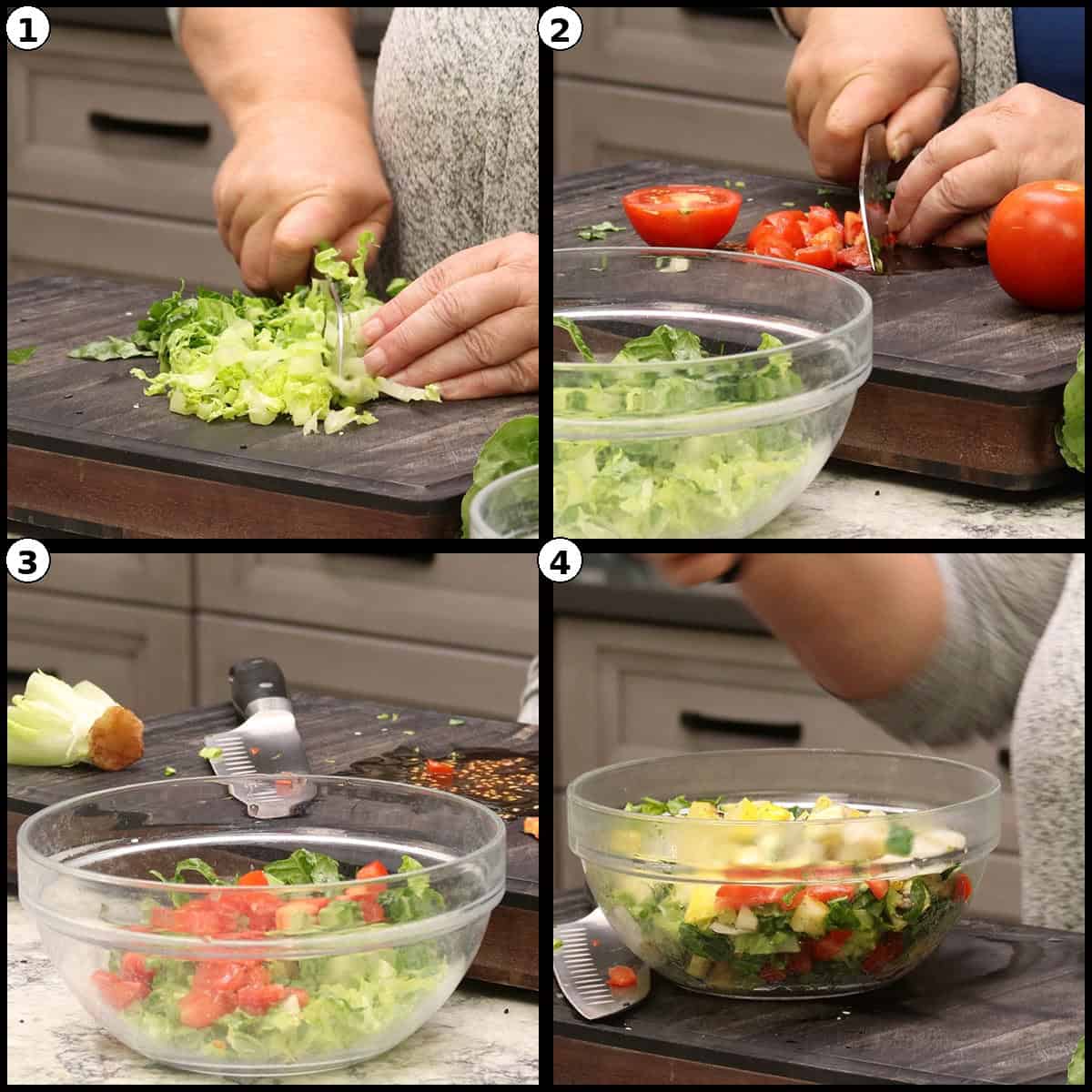 Four step photos showing the chopped vegetable salad being tossed together in a glass bowl with tomato and lettuce.