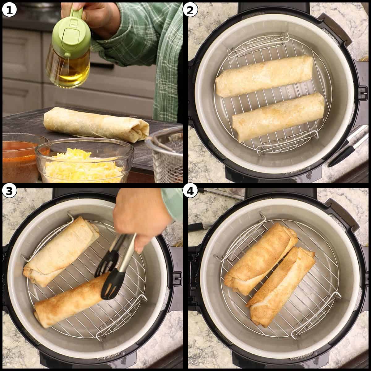 Four step graphic for One-Pot Burritos showing the rolled burritos spritzed with oil and placed on a rack to air fry in the Ninja Foodi until golden.