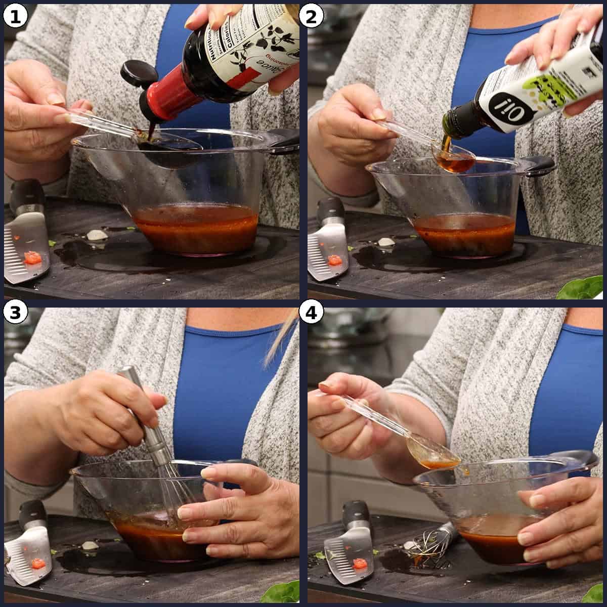 Four step photos showing salad dressing being made from the remaining marinade and whisked in a measuring cup.