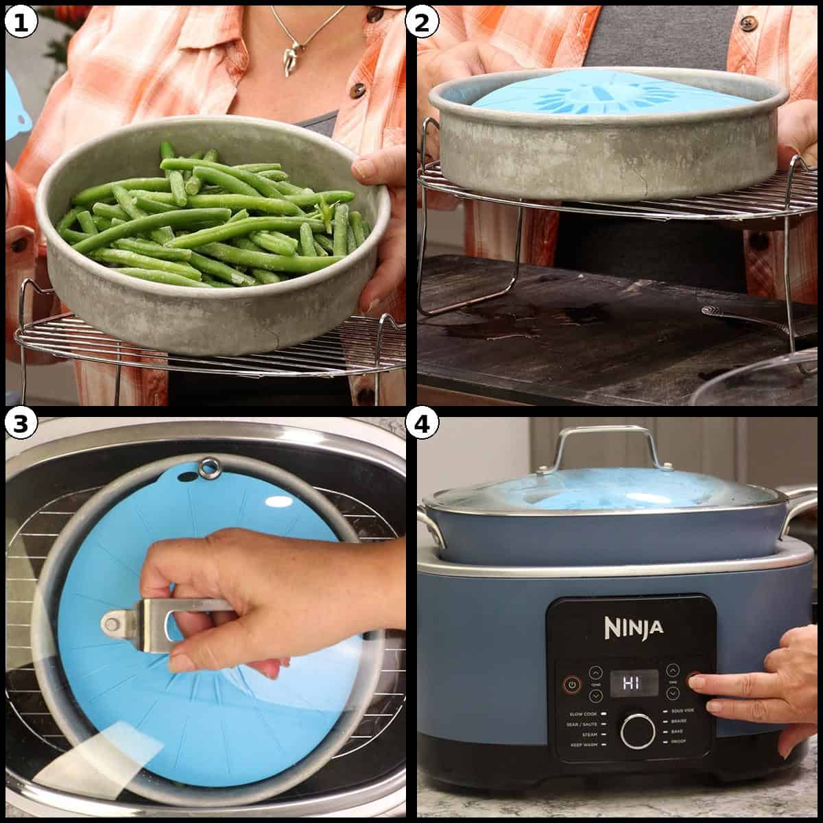 Step by step graphic showing a pan of green beans, the pan covered with a blue silicone lid and set on a rack above the pot, the lid being secured, and the Ninja slow cooker closed and set to cook.