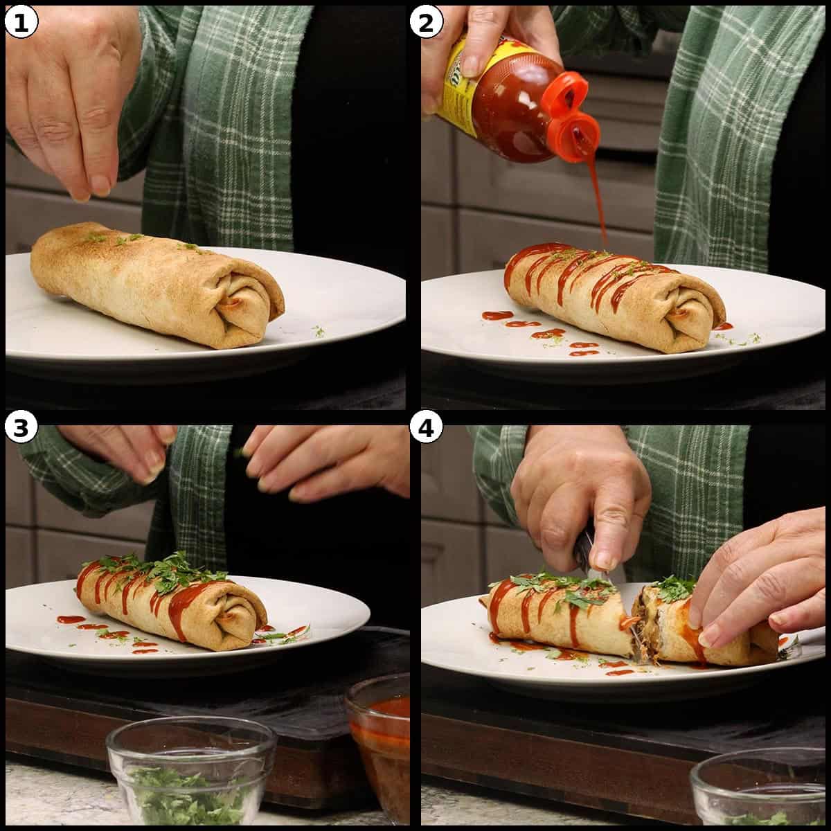 Four step graphic for One-Pot Burritos showing the air fried burrito plated, drizzled with hot sauce, garnished with cilantro, and cut to serve.