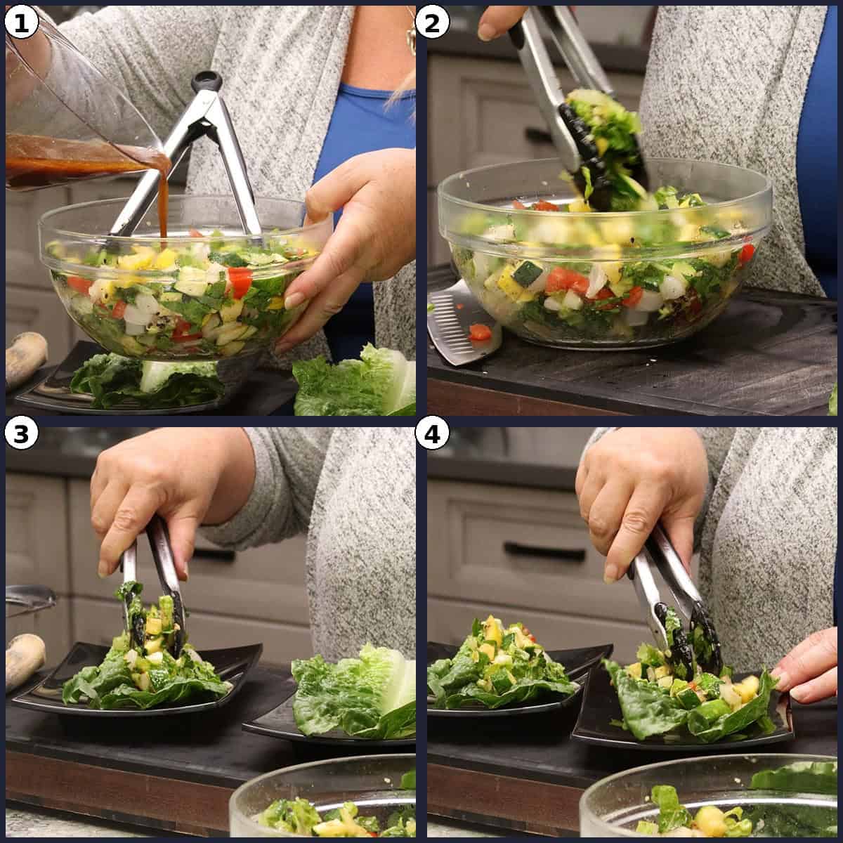 Four step photos showing the squash salad being plated on a fresh lettuce leaf.