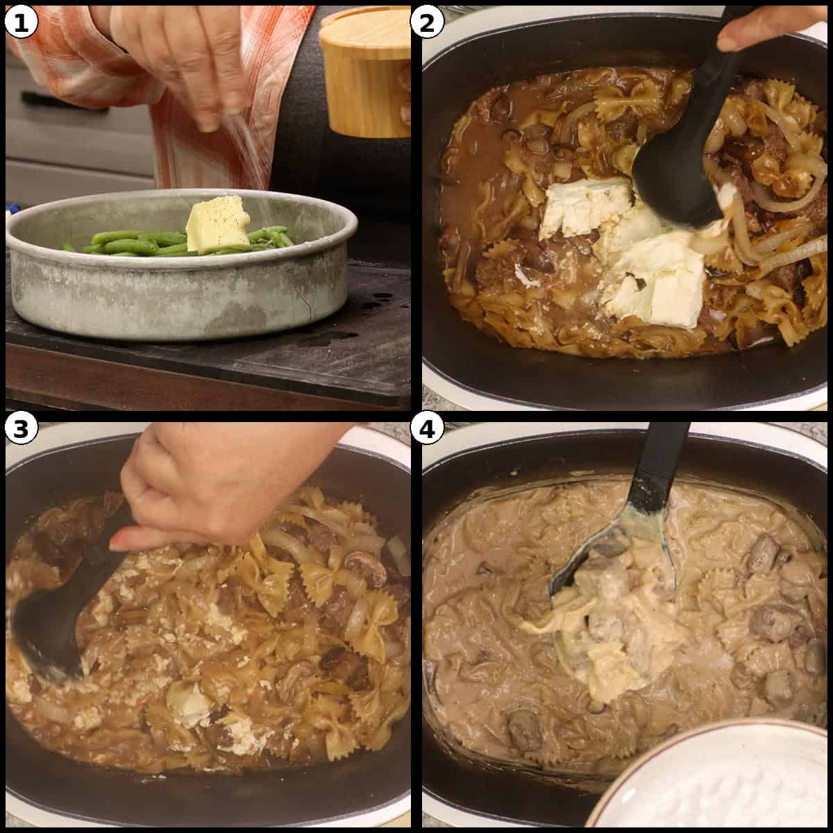Step by step graphic showing the green beans seasoned with butter, cream cheese being stirred into the pasta, the sauce mixed through, and the finished creamy beef tips and pasta in the slow cooker.