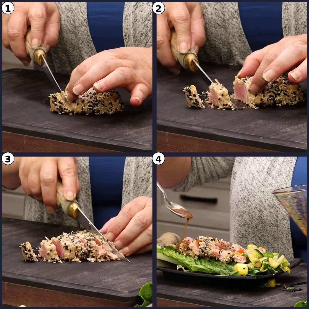 Four step photos showing the cooked Air Fryer Tuna Steaks being sliced and plated over lettuce with the squash salad.