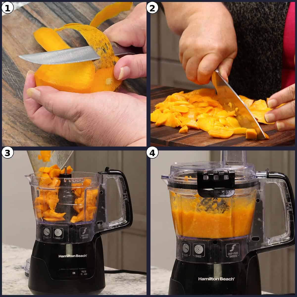 Step-by-step photo grid for Mango Jalapeno Jam (No Sugar Added), numbered 1 to 4, showing peeling and chopping fresh mango, then processing the mango into puree in a food processor.