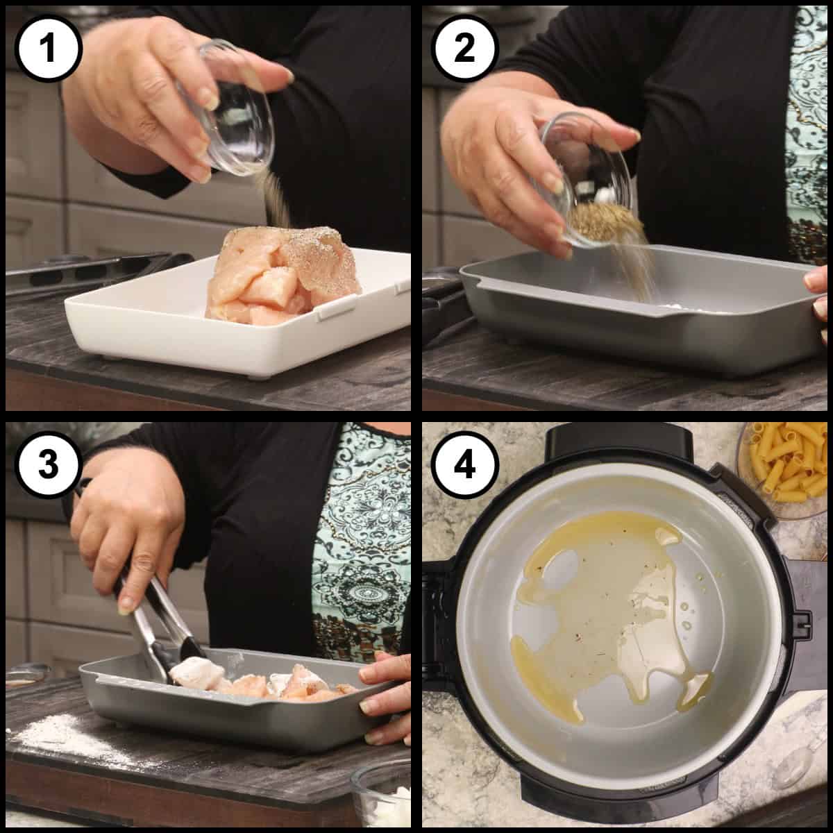Step by step graphic, step 1, showing chicken seasoned with salt and pepper, then coated in flour for One-Pot Marry Me Chicken (Pressure Cooker).
