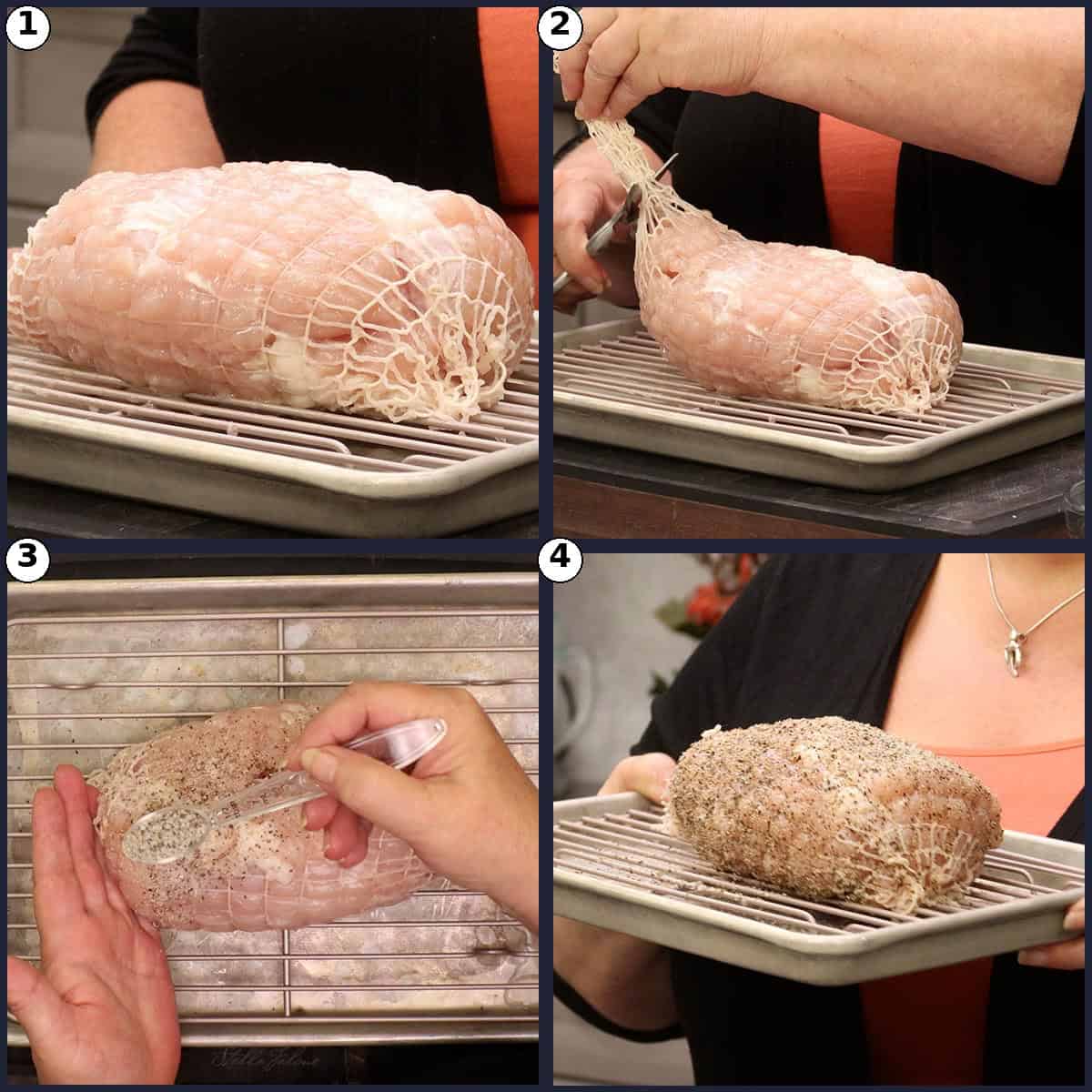 Step by step graphic showing a raw netted boneless turkey breast on a wire rack, trimming excess netting with shears, seasoning the turkey with salt and pepper, and the fully seasoned turkey breast ready for low roasting.