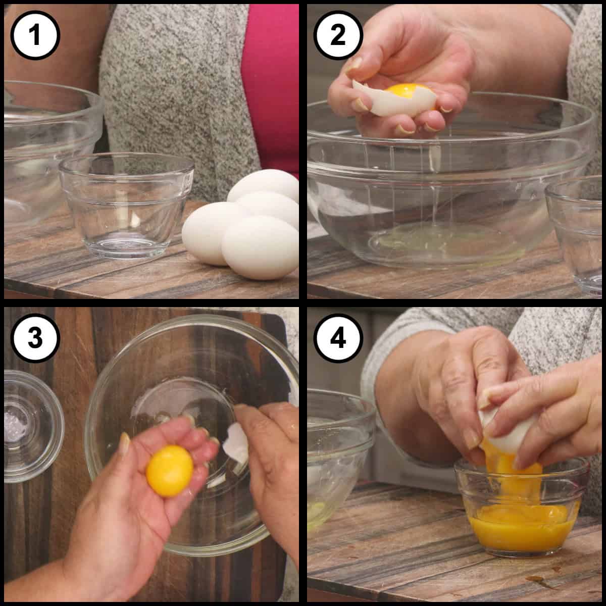 Step by step collage for Low Carb Burger Buns showing how to separate eggs: two glass bowls with whole eggs, cracking an egg over a large bowl, holding the yolk in a hand to let the white drip through, and the collected yolks in a small bowl.