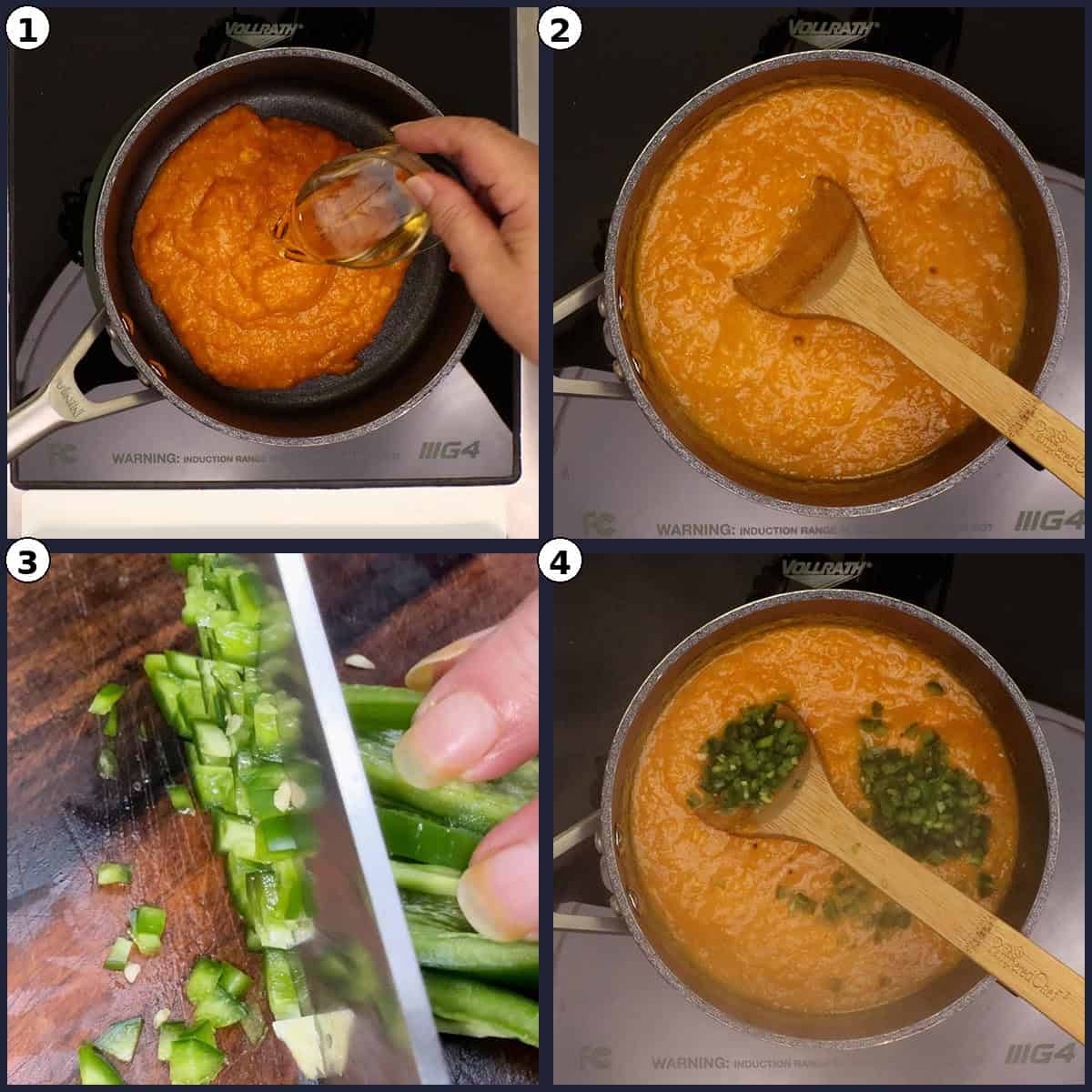 Step-by-step photo grid for Mango Jalapeno Jam (No Sugar Added), numbered 1 to 4, showing mango puree simmering in a saucepan, chopping fresh jalapenos, and stirring the diced jalapenos into the mixture.