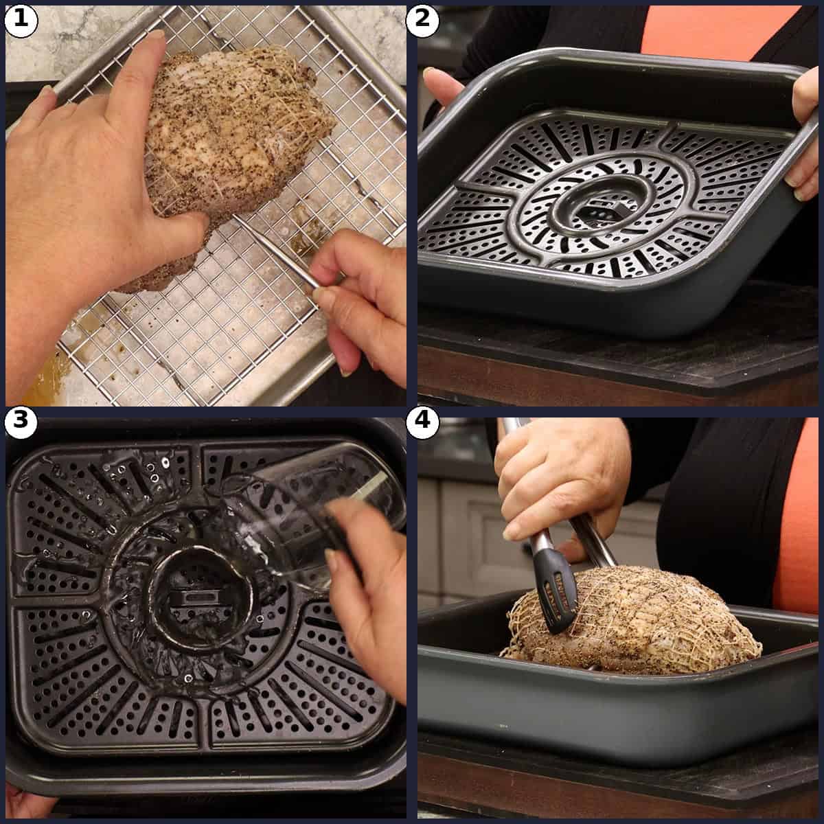Step by step graphic showing the probe thermometer being inserted into the seasoned turkey breast, the Ninja Combi pan with its roasting insert, liquid being poured into the pan, and the turkey breast being placed in the pan with tongs.