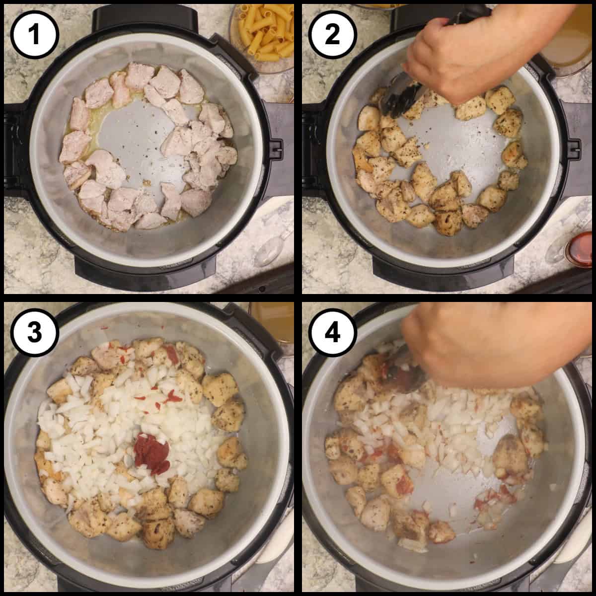 Step by step graphic, step 2, showing chicken seared in the pressure cooker, then diced onions and tomato paste added on top.