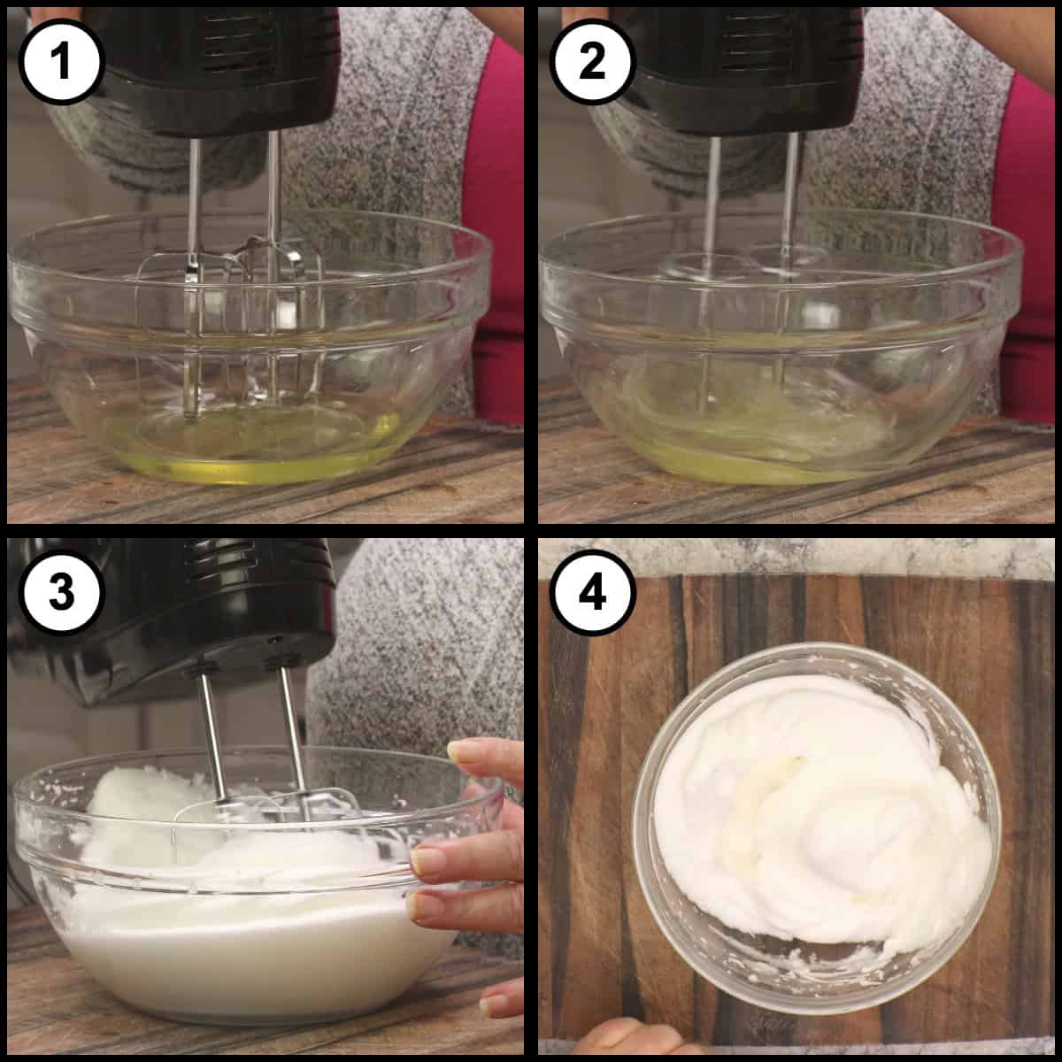 Step by step collage for Low Carb Burger Buns showing egg whites being whipped with a hand mixer, going from loose and liquid, to foamy, to thick and glossy, ending with stiff peaks in a glass bowl.