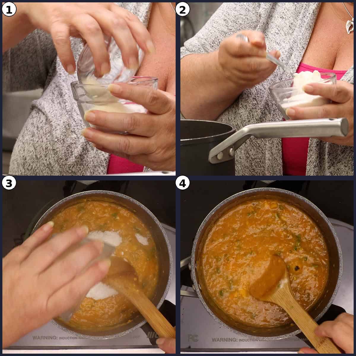 Step-by-step photo grid for Mango Jalapeno Jam (No Sugar Added), numbered 1 to 4, showing measuring the sugar-free sweetener and stirring it into the simmering mango jalapeno mixture.