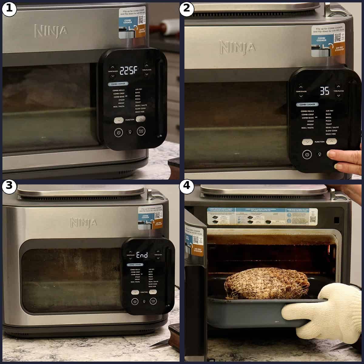 Step by step graphic of the Ninja Combi set to 225F on Combi Bake, the cook time being set, the display showing End when the cook finishes, and the low roasted turkey breast being removed from the Ninja Combi.
