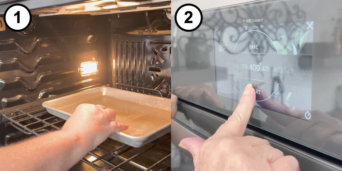 Two step collage for Low Carb Burger Buns showing a sheet pan being placed on the rack inside the oven and a finger setting the oven to bake at 400 degrees.