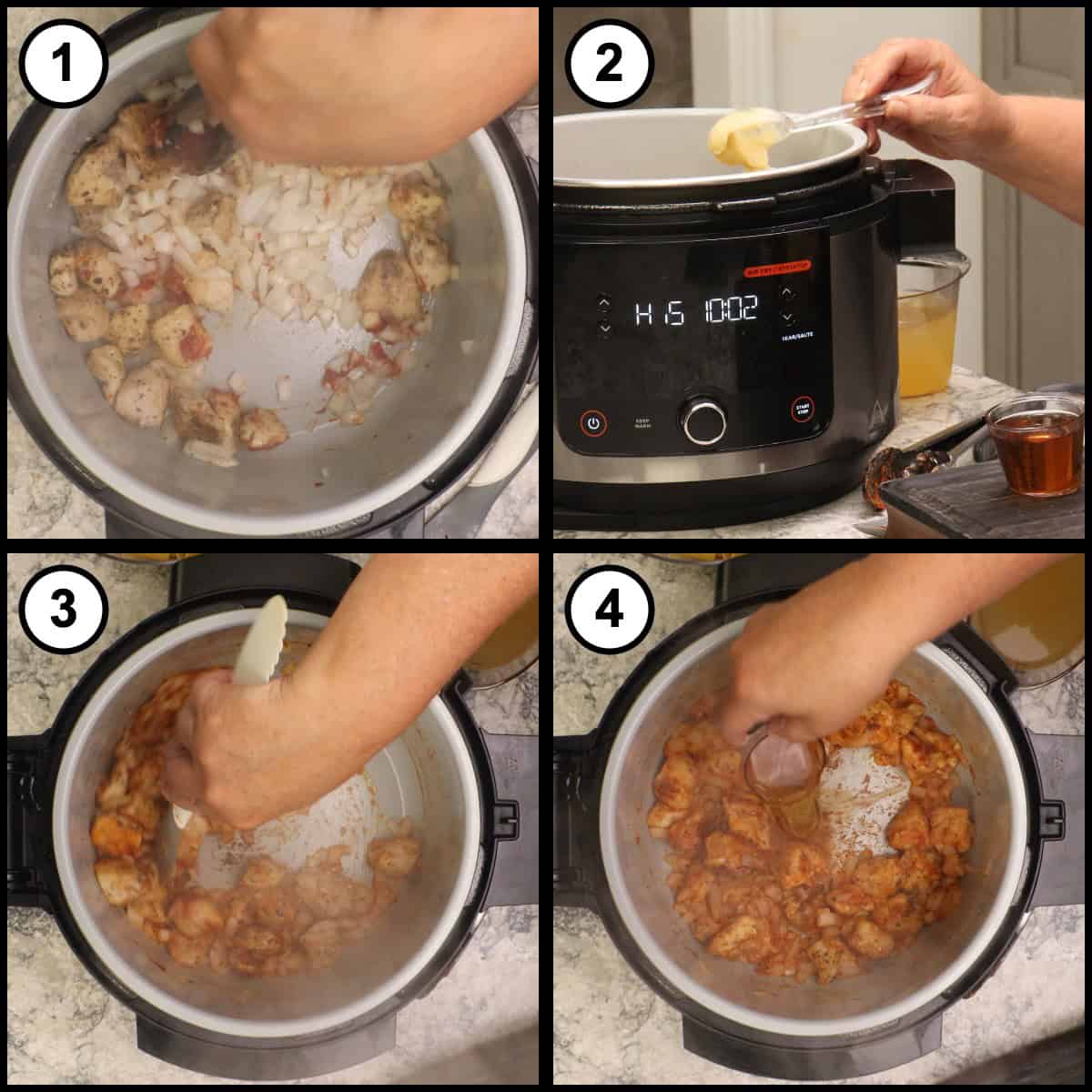 Step by step graphic, step 3, showing the onions stirred into the seared chicken, garlic added, and sherry poured in to deglaze the pot.