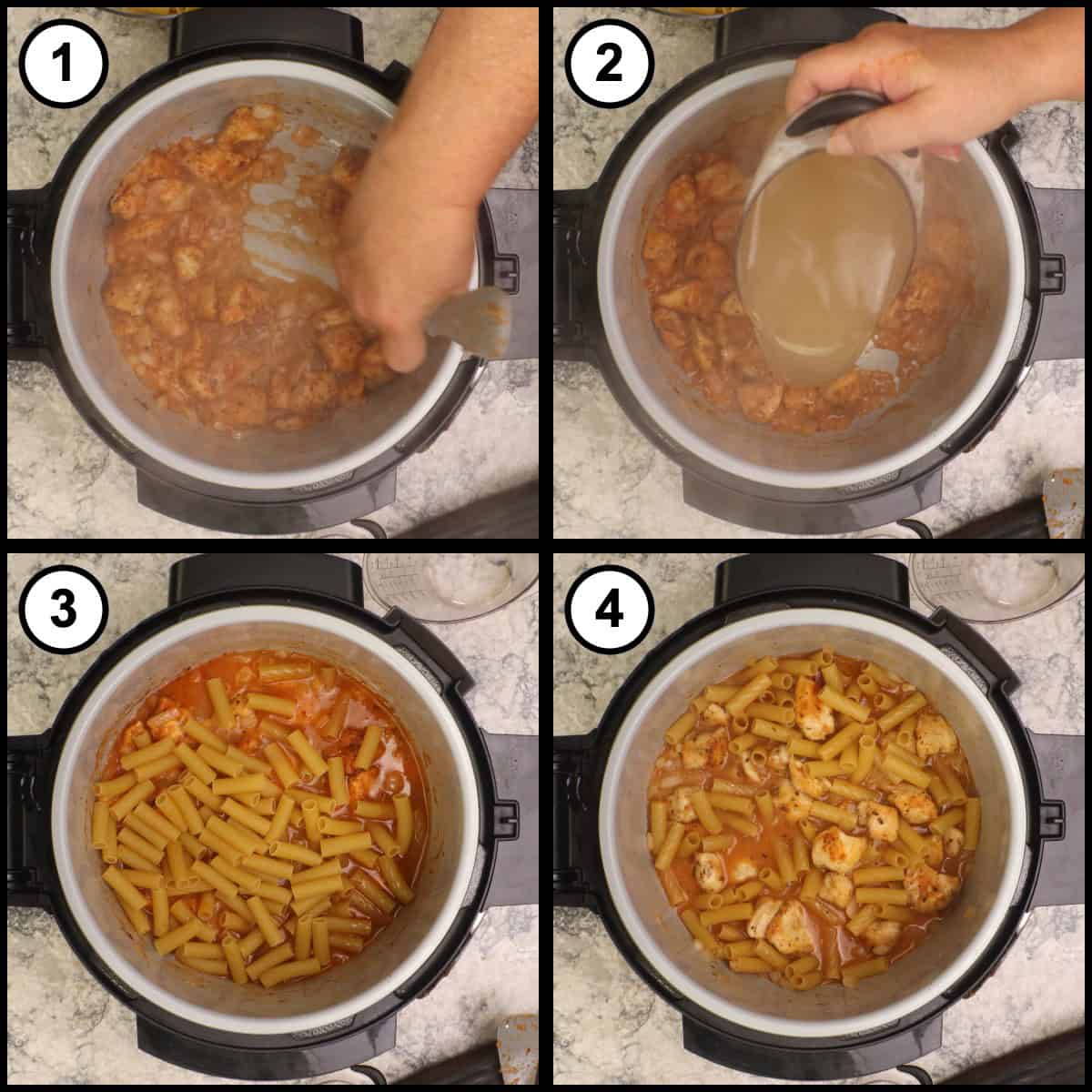Step by step graphic, step 4, showing the deglazed mixture stirred, chicken stock poured in, and rigatoni pasta and chicken added before covering the pot.