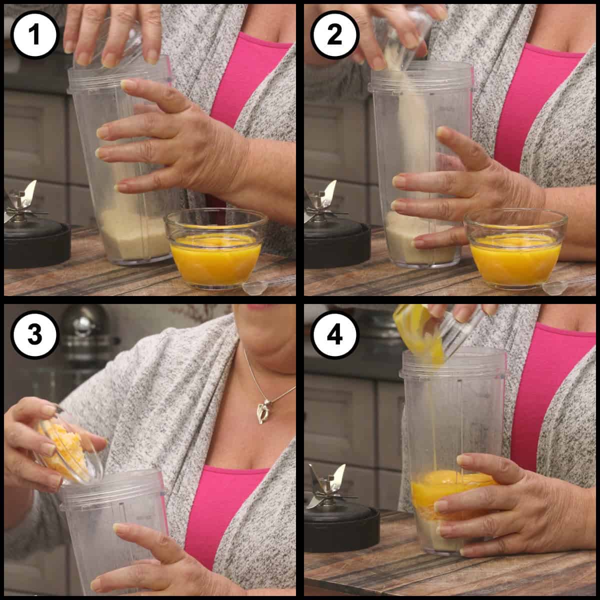 Step by step collage for Low Carb Burger Buns showing dry ingredients being added to a blender cup, then the beaten egg yolks poured in on top.